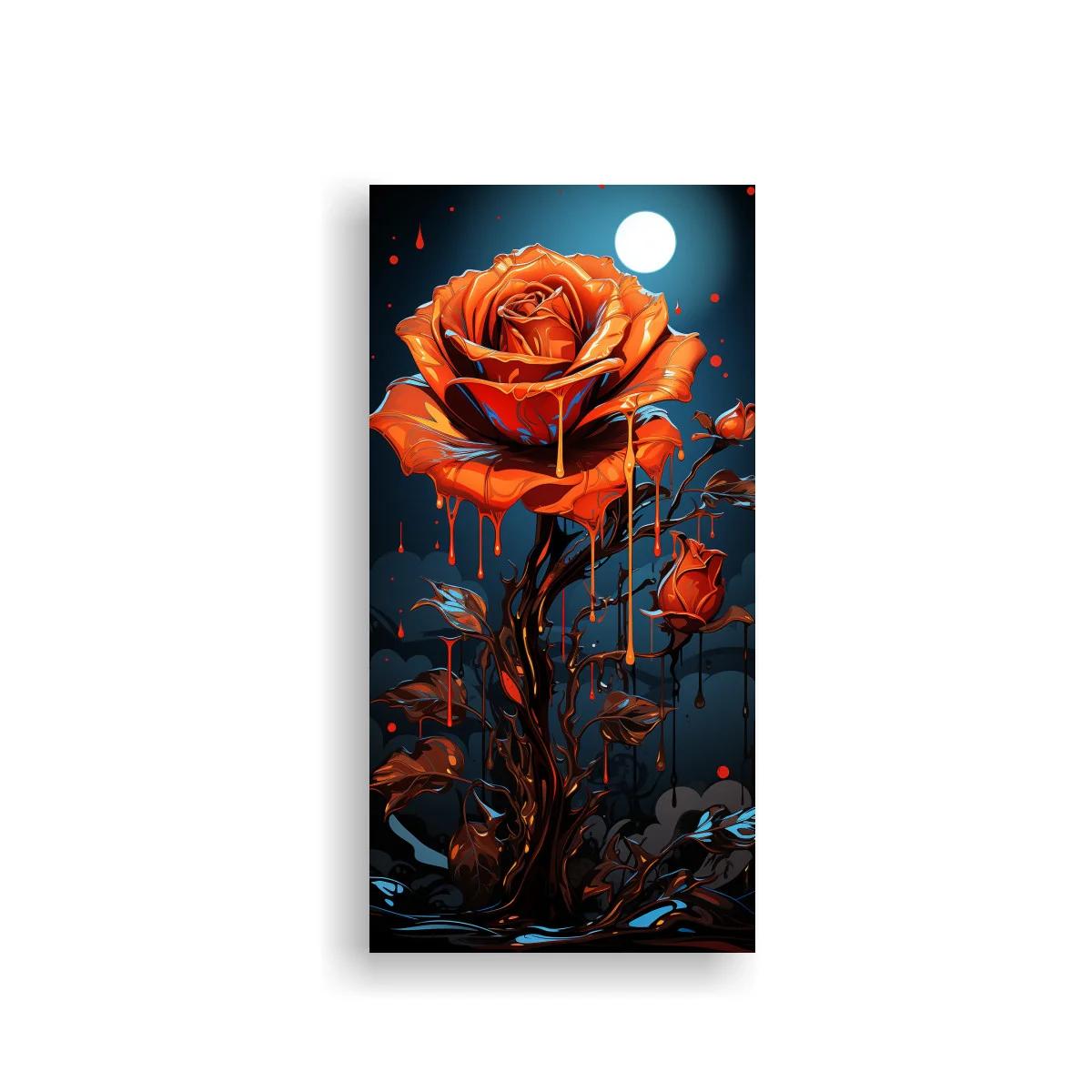 Cuadro rosa roja con luna brillante y goteos surrealistas