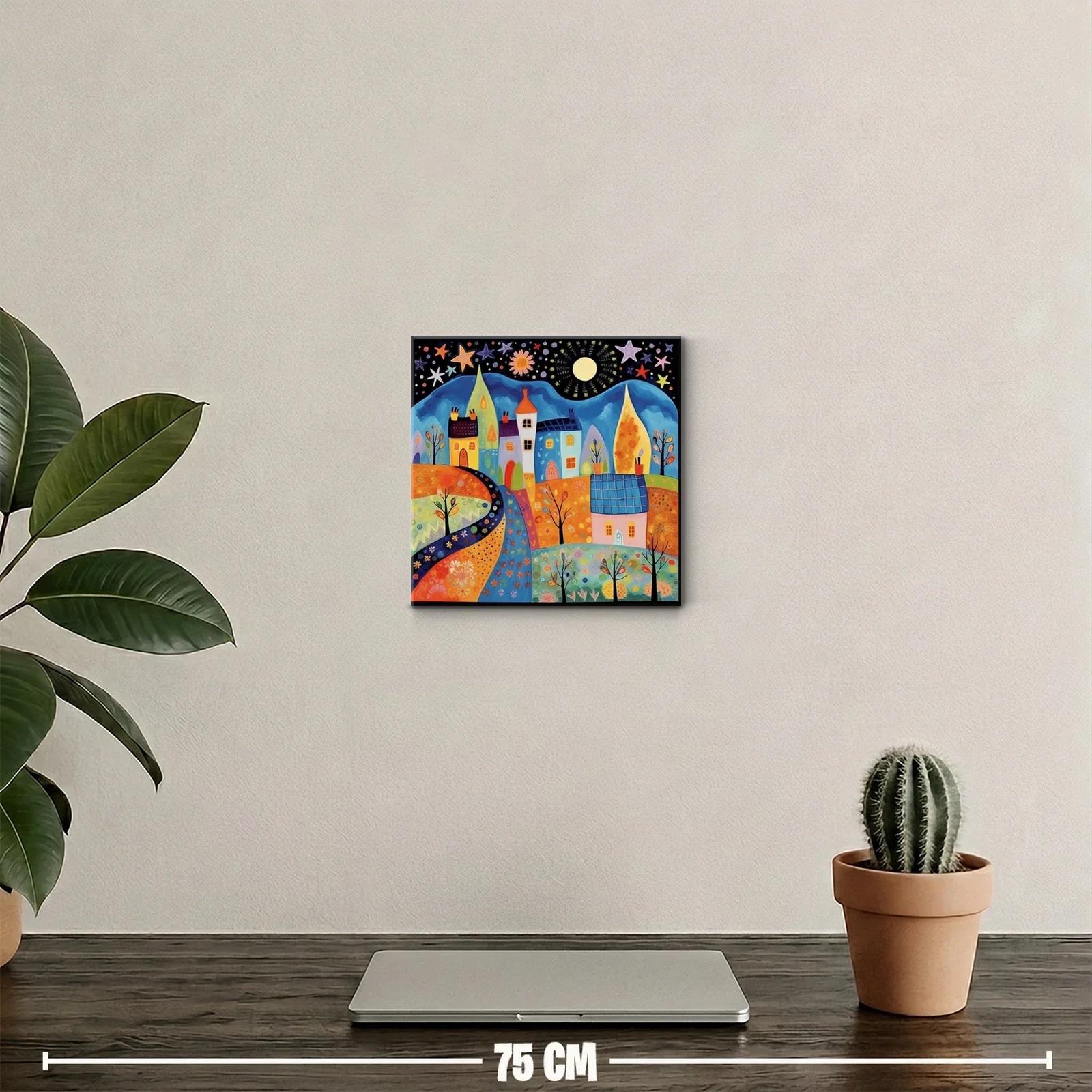 Paisaje nocturno colorido con casas y estrellas brillantes — miniatura 2