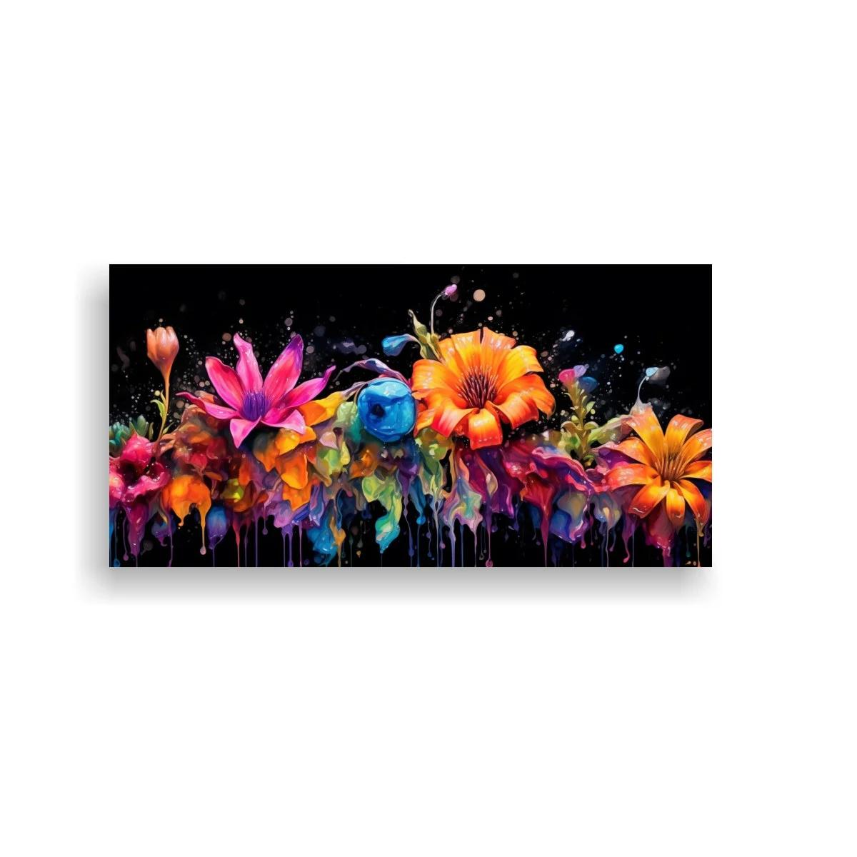 Cuadro ramo de flores multicolor con fondo negro y goteos