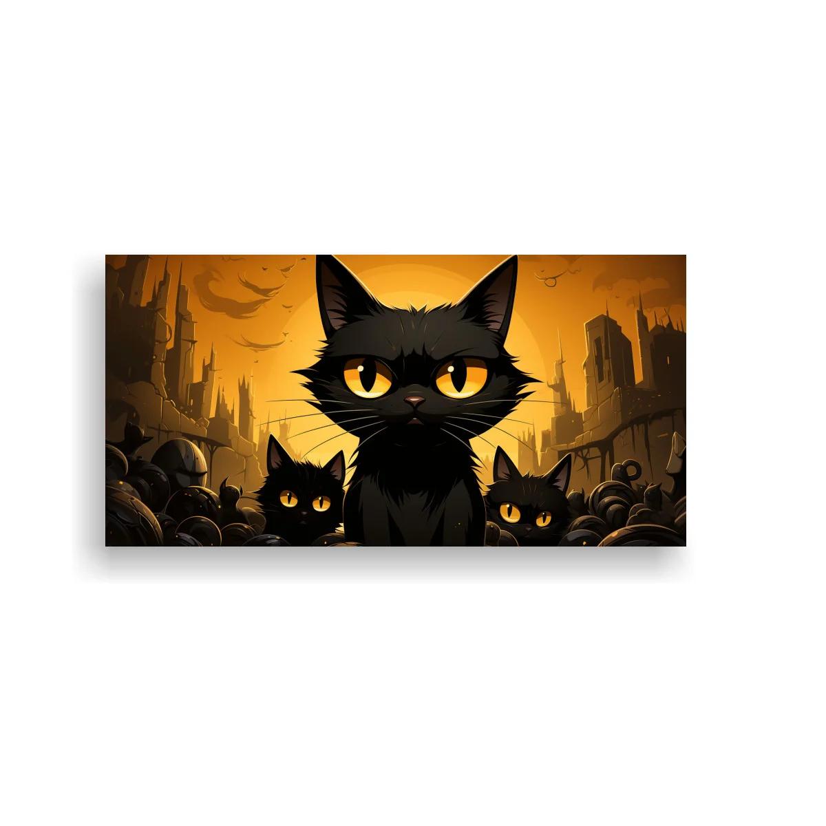 Cuadro gato negro de ojos amarillos sobre ruinas al atardecer