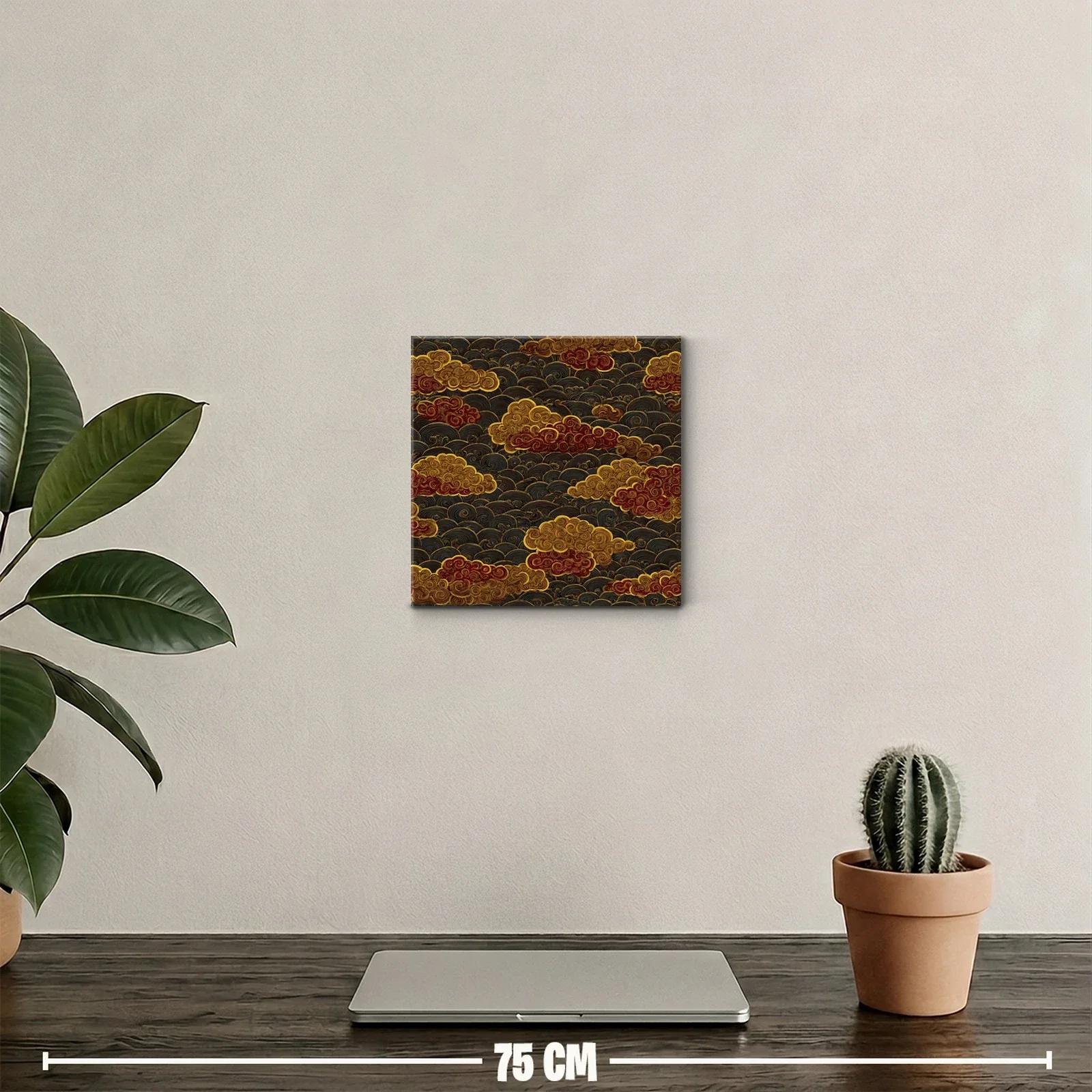 Cuadro decorativo con nubes doradas y rojas sobre fondo oscuro — miniatura 2