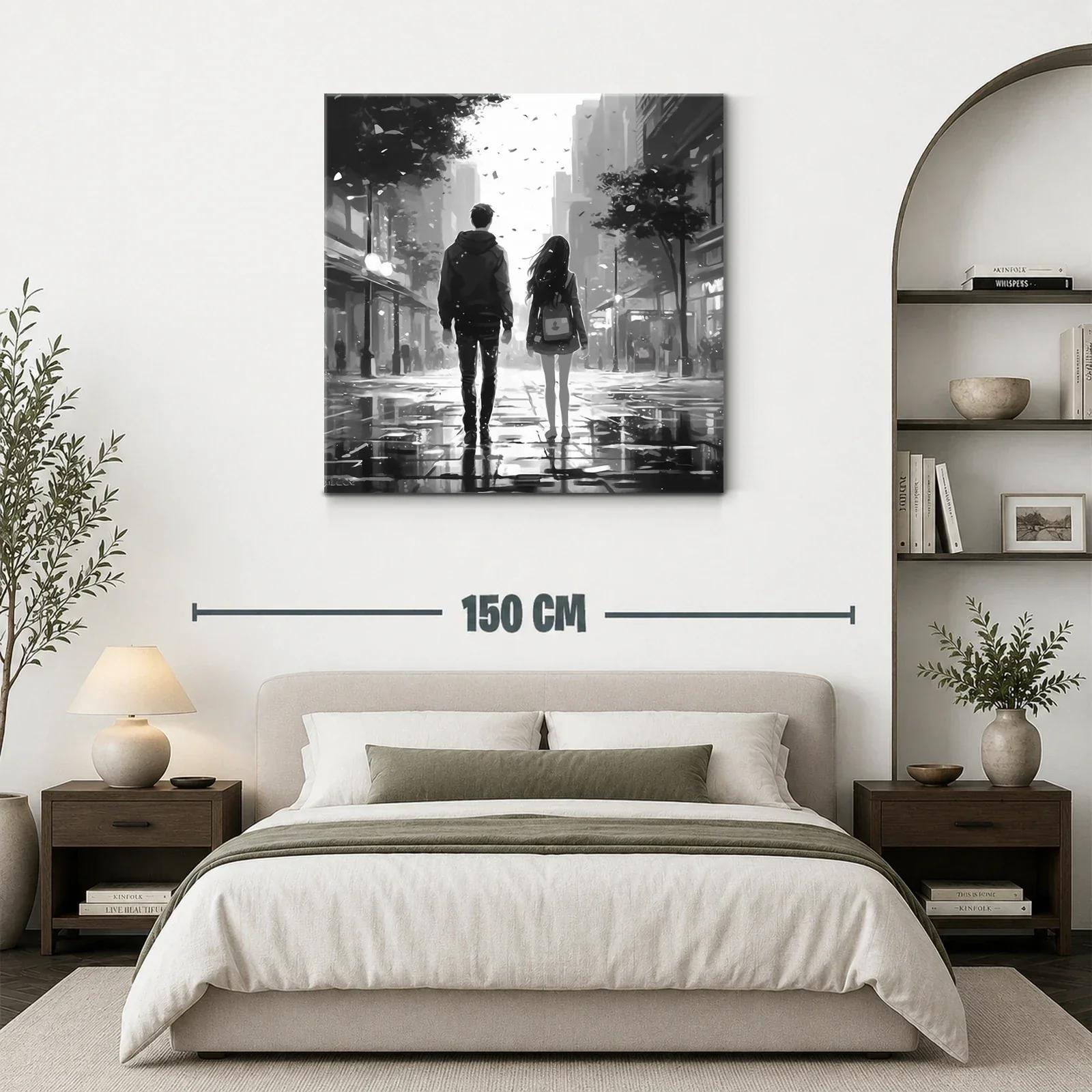 Pareja caminando en ciudad bajo lluvia suave en blanco y negro — miniatura 3