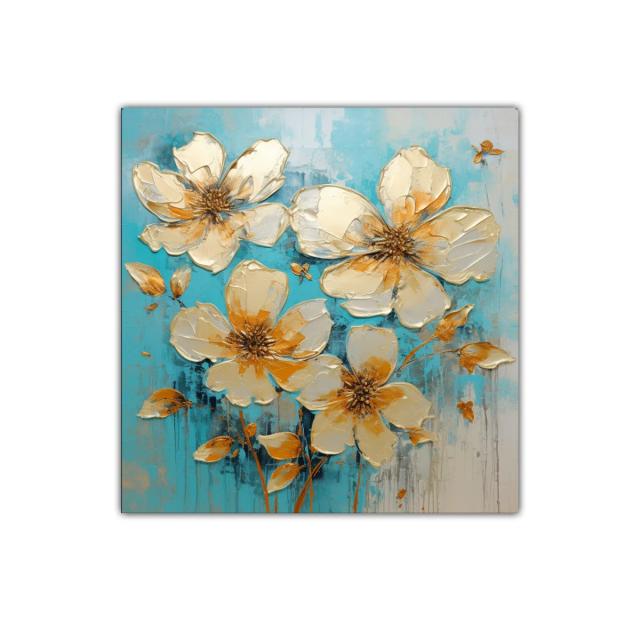 Cuadro floral con tonos dorados y fondo turquesa brillante