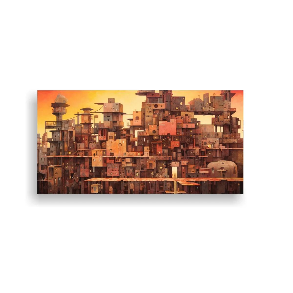 Cuadro ciudad de casas apiladas con skyline irregular