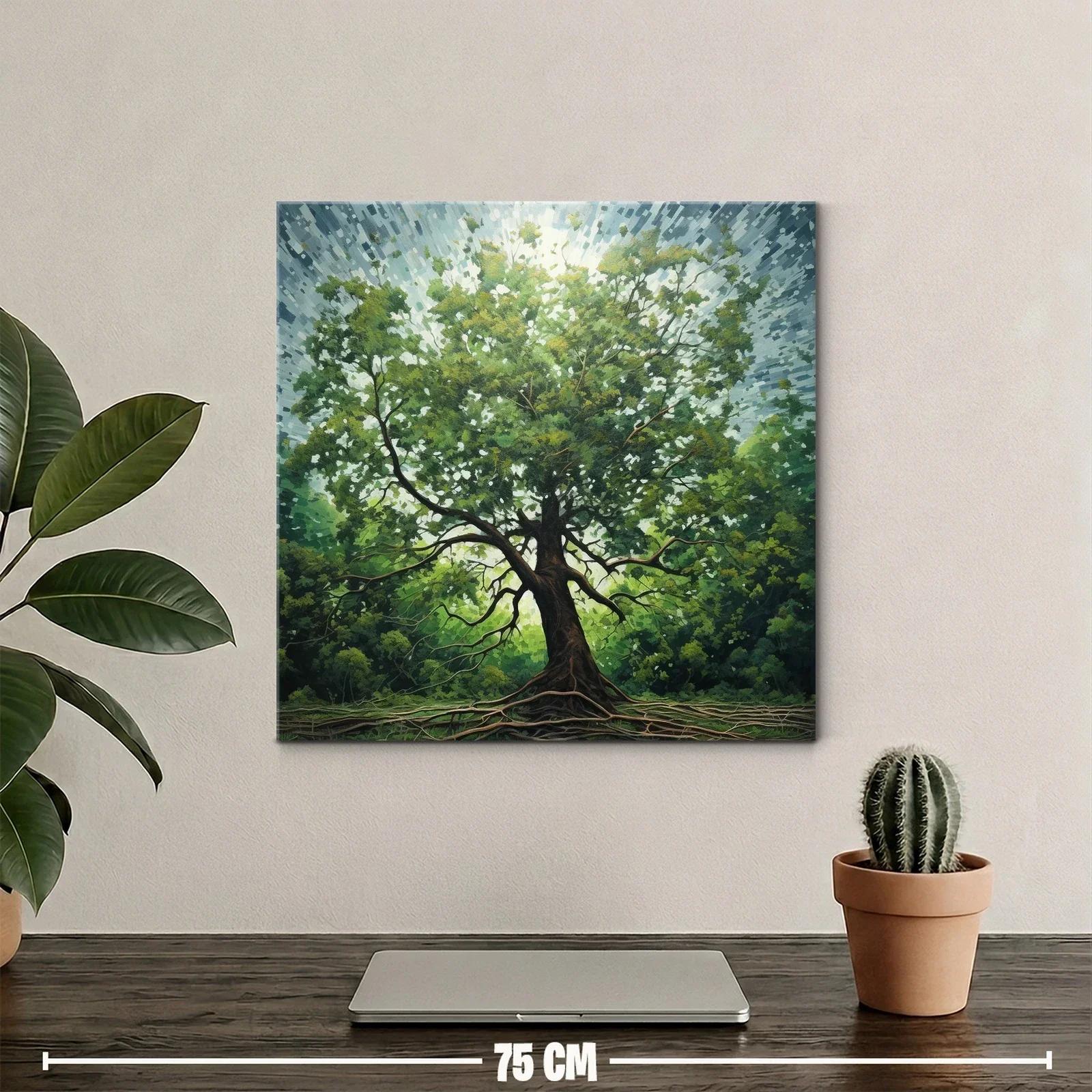 Árbol frondoso iluminado con raíces visibles y cielo radiante — miniatura 2