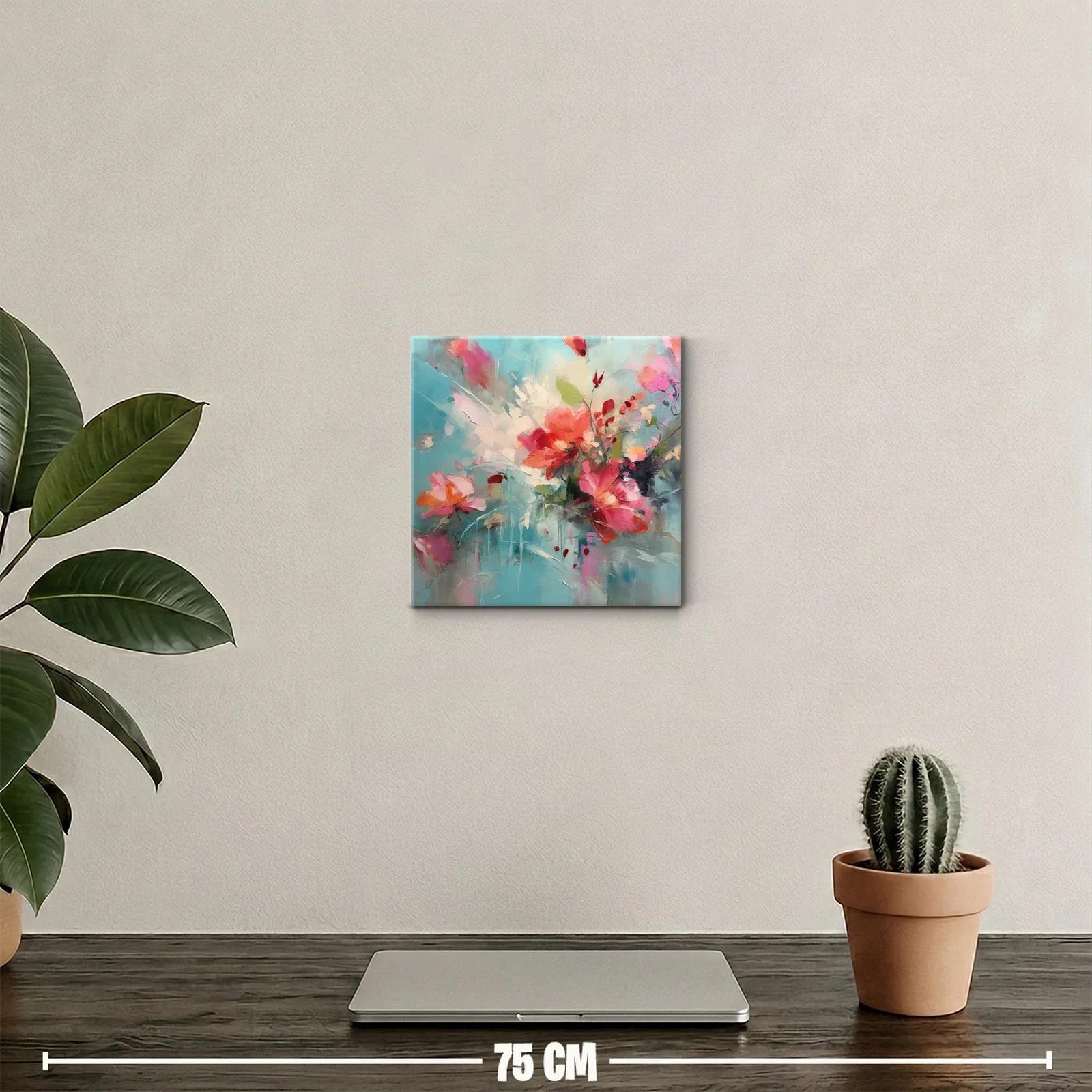 Cuadro con flores vibrantes en tonos coral y turquesa — miniatura 2