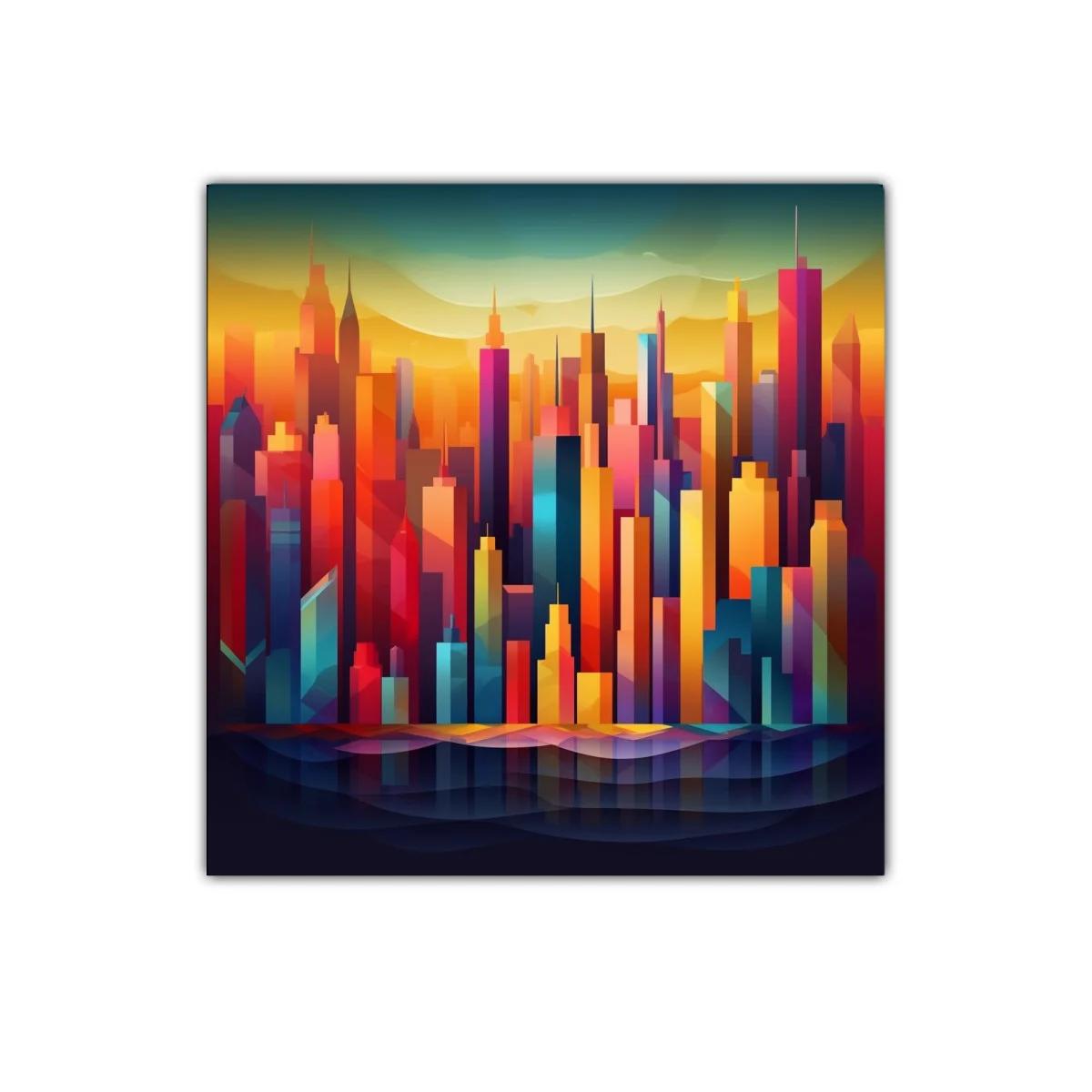 Cuadro colorido con skyline urbano vibrante al atardecer — imagen principal
