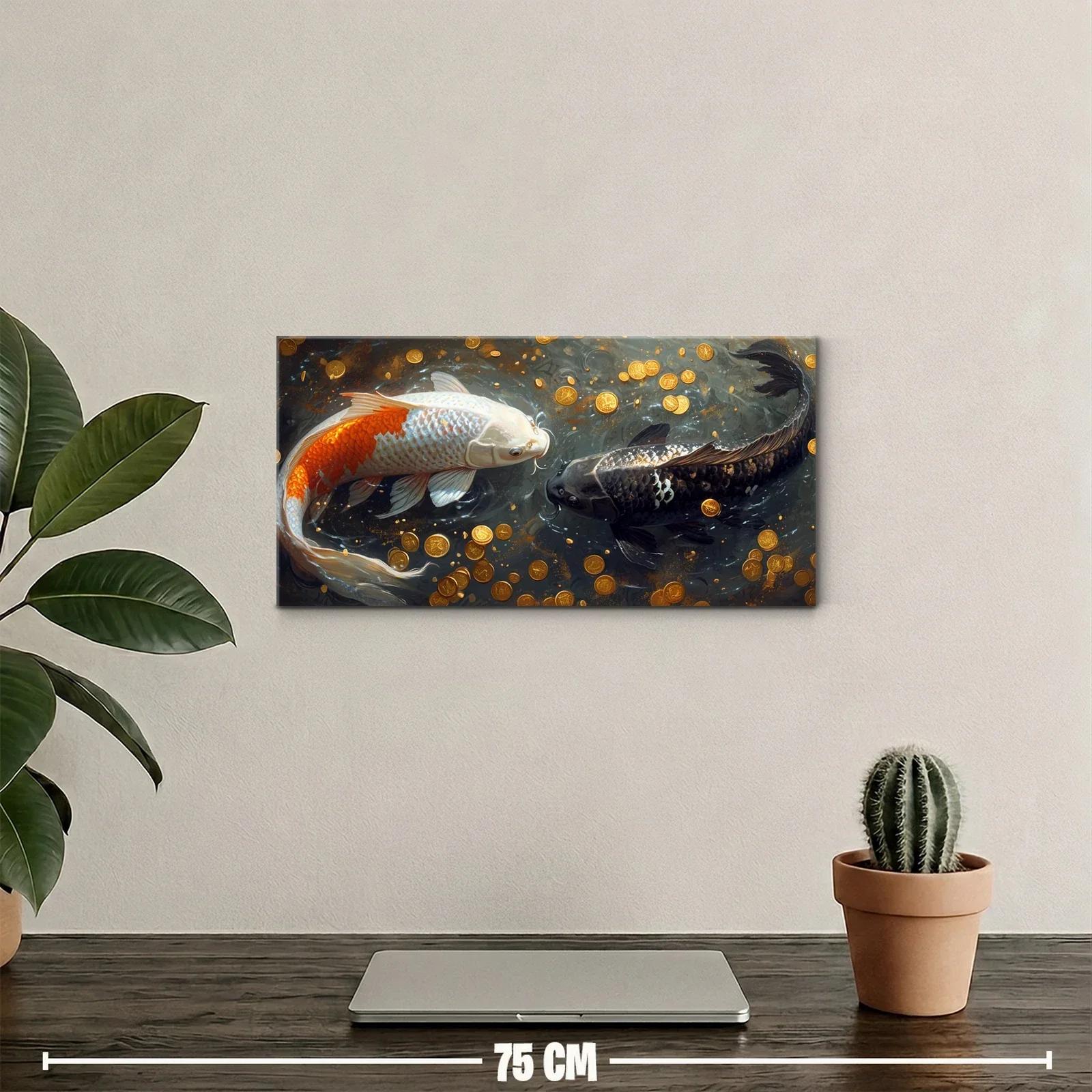 Cuadro peces koi en movimiento circular sobre agua oscura — miniatura 2