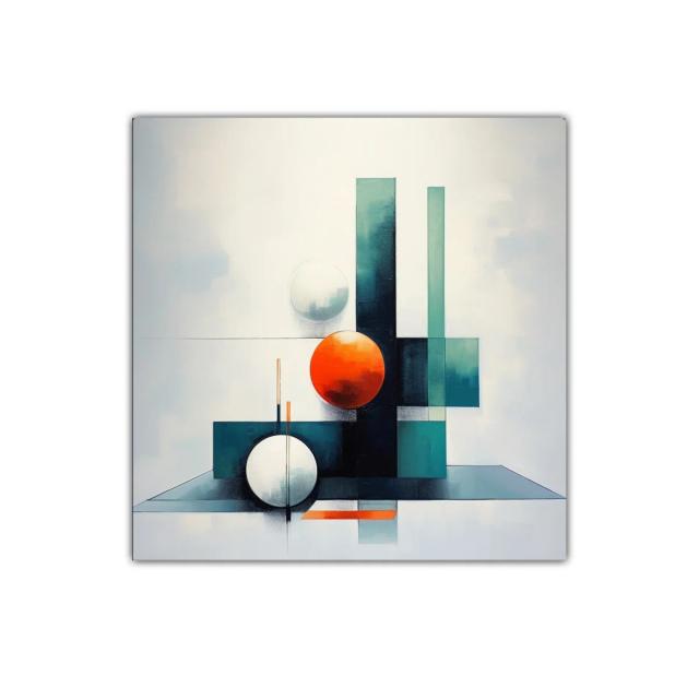 Composición geométrica con esferas y líneas verticales en tonos fríos