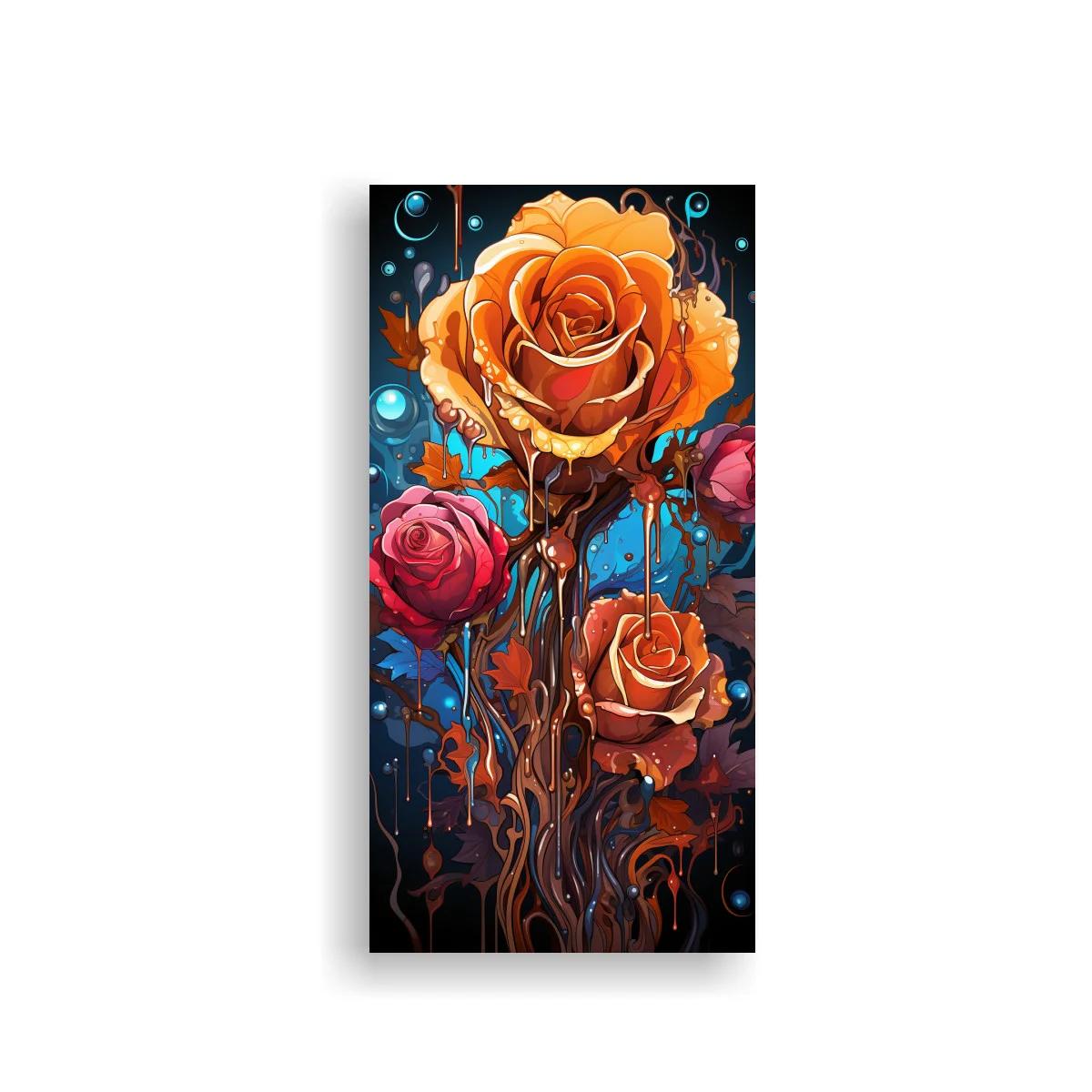Cuadro rosa naranja con tallos fluidos y brillos azules