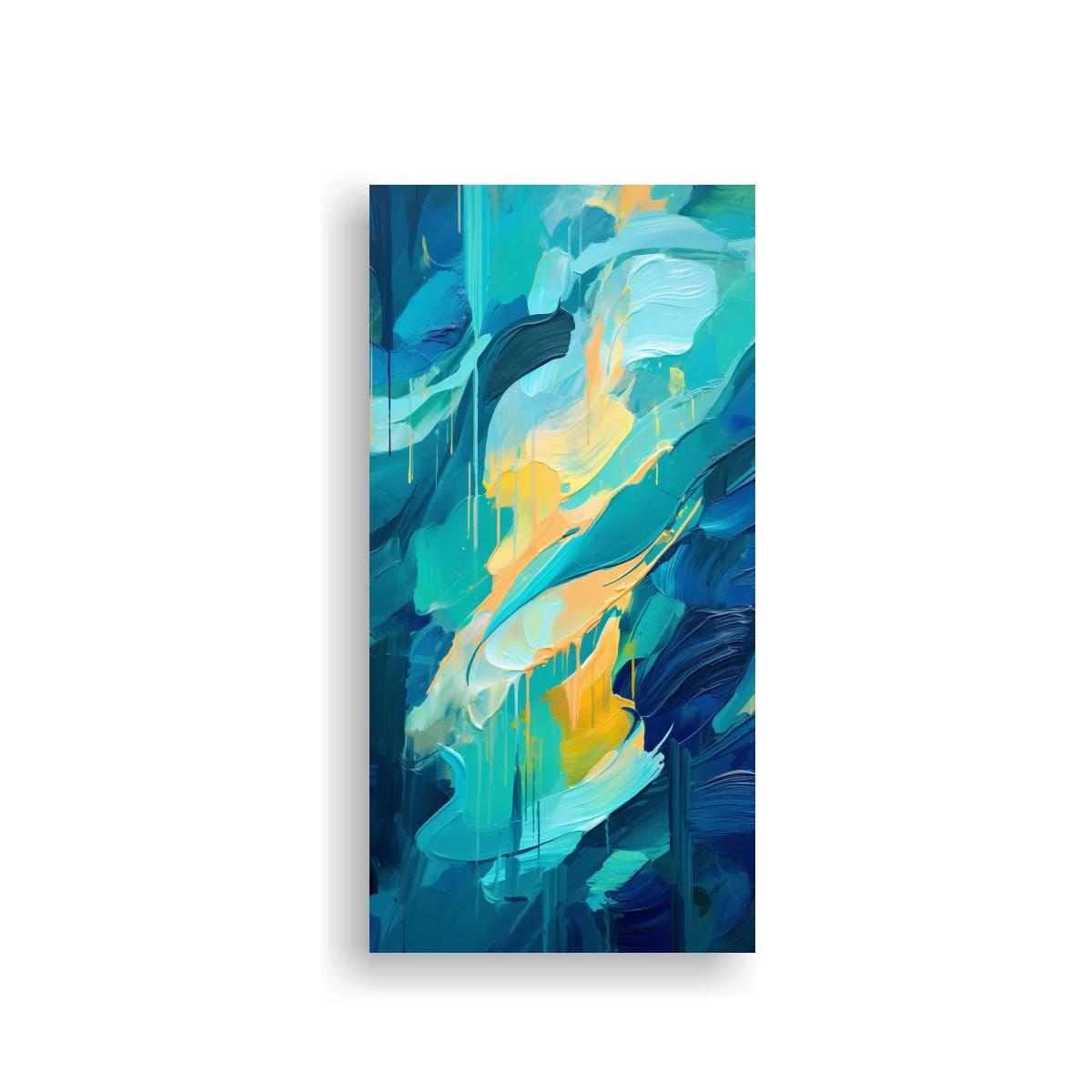 Cuadro abstracto de pinceladas fluidas en verde azulado y amarillo