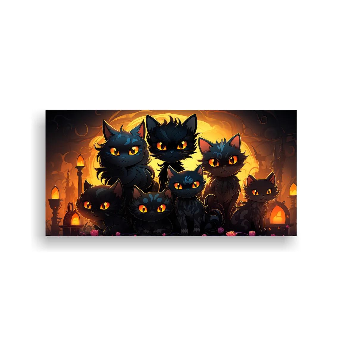 Cuadro grupo de gatos negros con faroles y velas