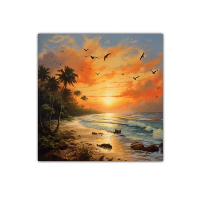 Atardecer tropical con palmeras y aves en vuelo
