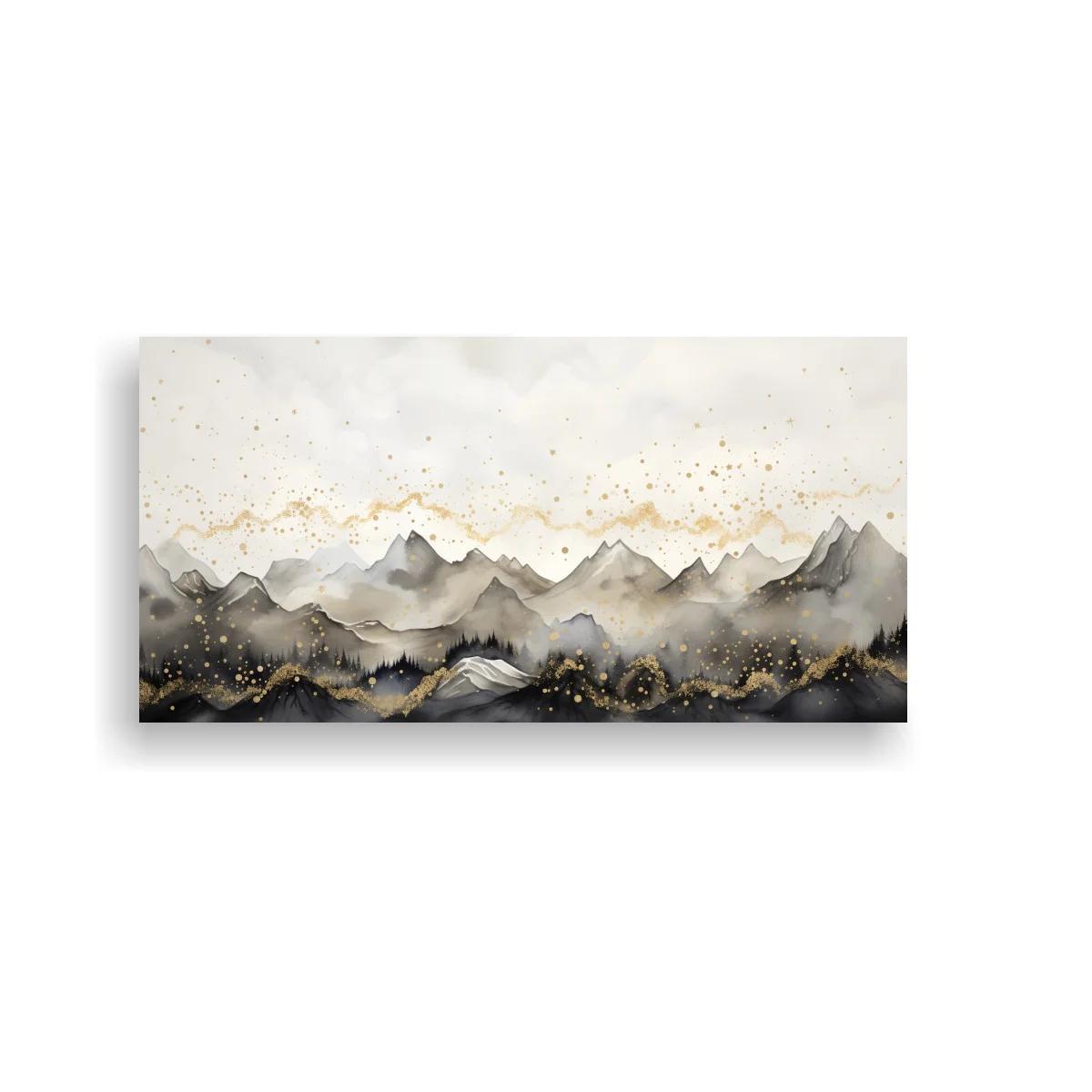 Cuadro cordillera de montañas con niebla y acentos dorados