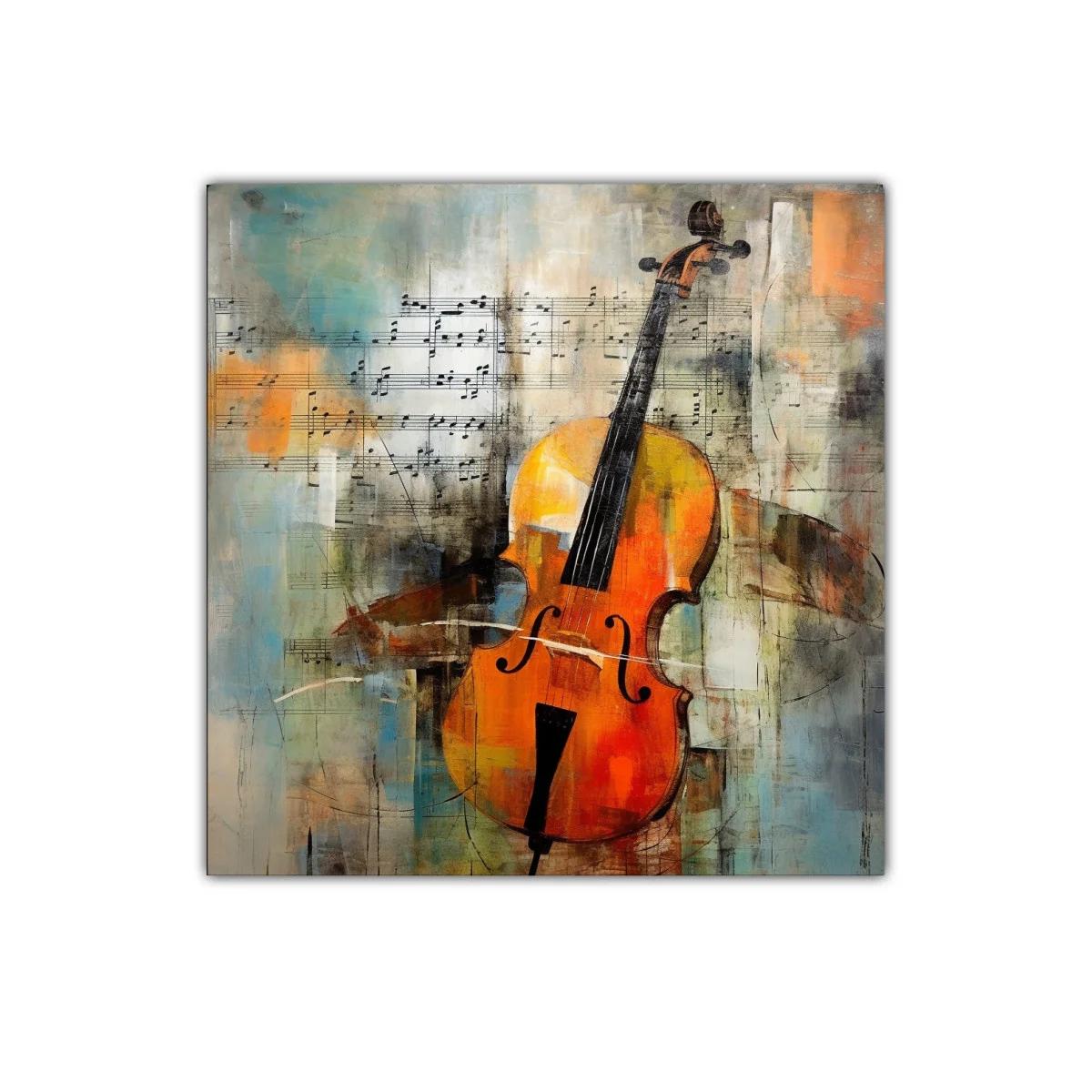 Cuadro decorativo con violonchelo en tonos cálidos y textura artística
