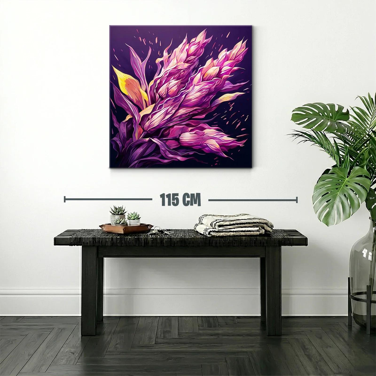 Cuadro floral vibrante con tonos púrpuras y amarillos — miniatura 2