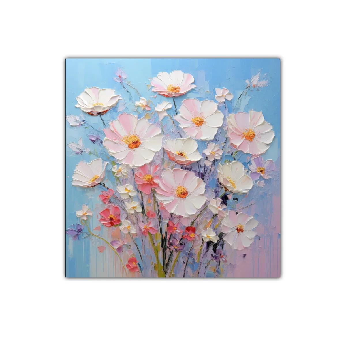 Cuadro ramo de flores delicadas en tonos pastel y fondo azul — imagen principal