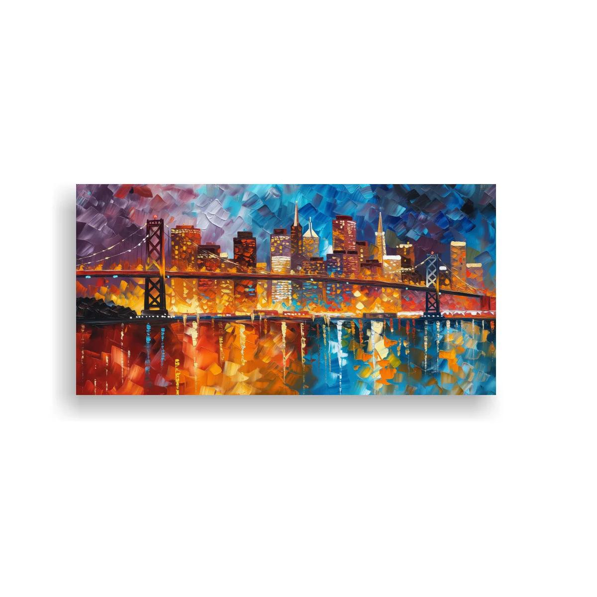 Cuadro skyline urbano con puente colgante y reflejos amplios