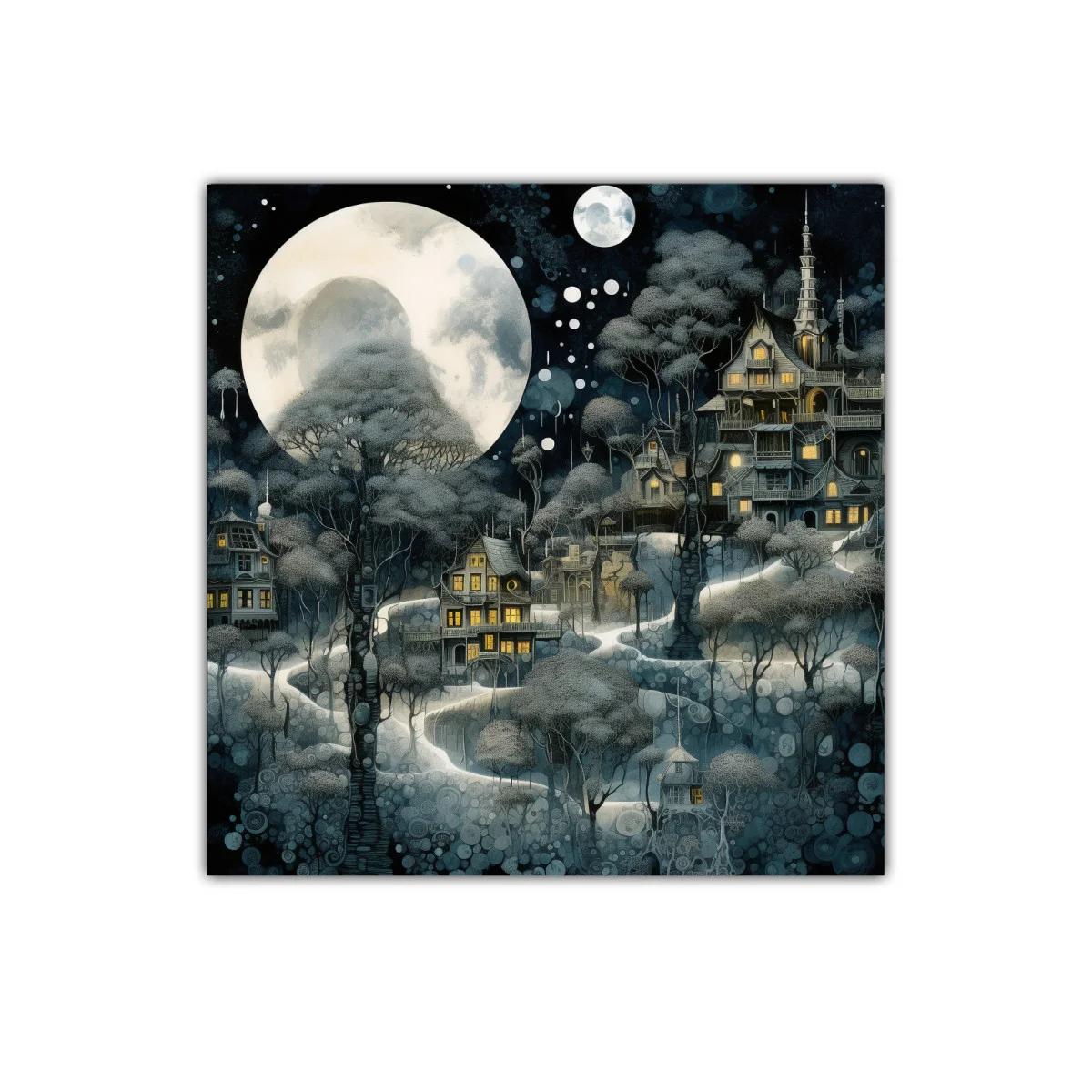 Pueblo encantado bajo la luna llena y árboles del bosque