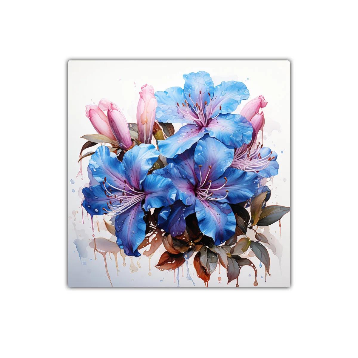 Vibrante composición floral con tonos azules y rosados cálidos — imagen principal