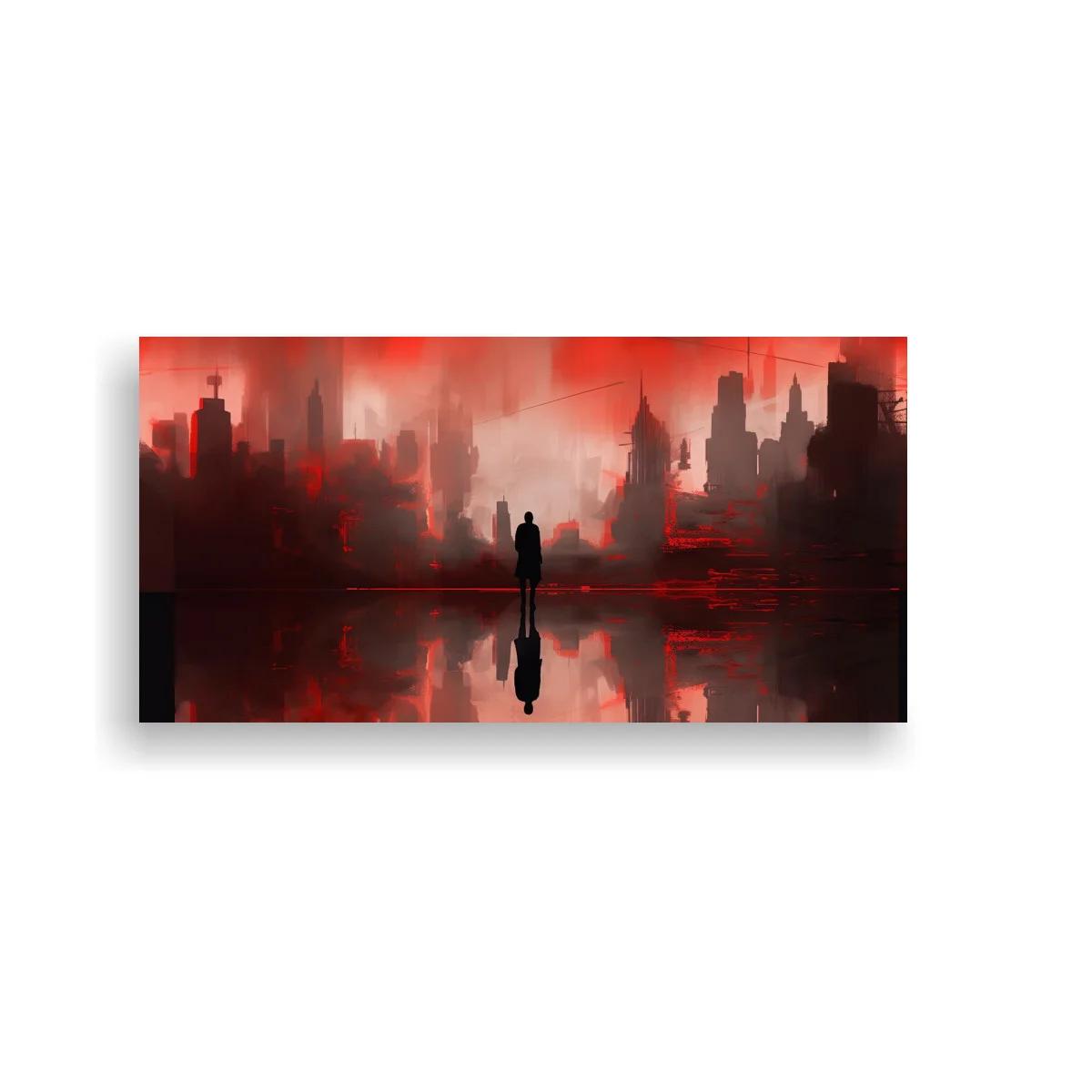 Cuadro silueta de una persona en paisaje urbano rojo