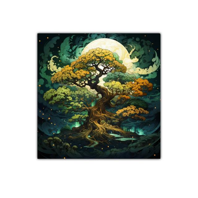 Árbol místico bajo la luz de luna llena en bosque encantado