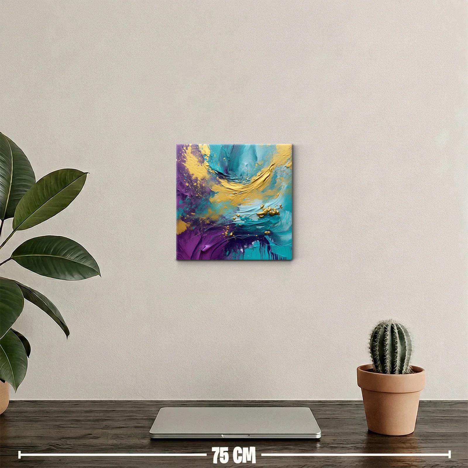 Cuadro abstracto vibrante en tonos turquesa y dorado — miniatura 2
