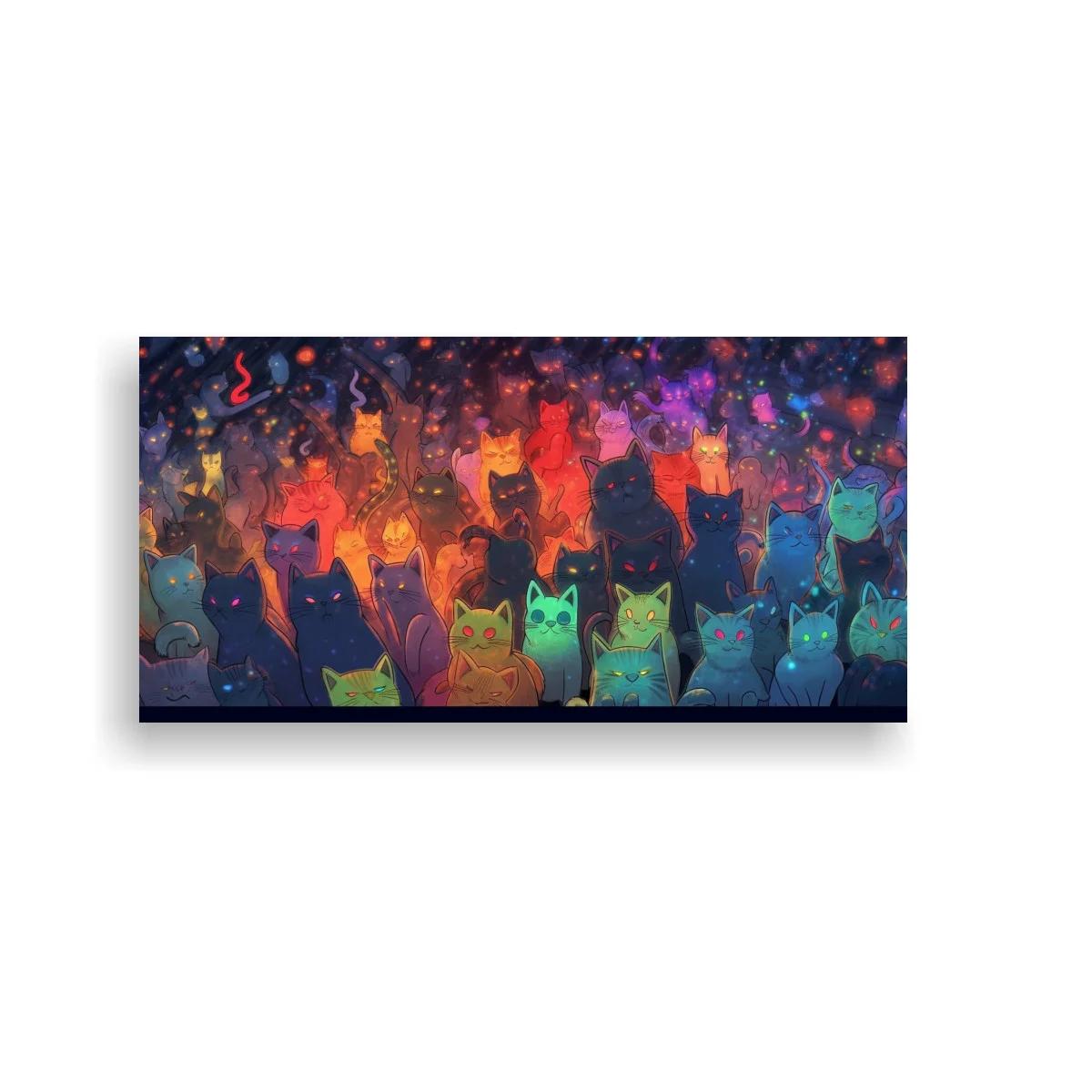 Cuadro grupo de gatos de colores con luces nocturnas