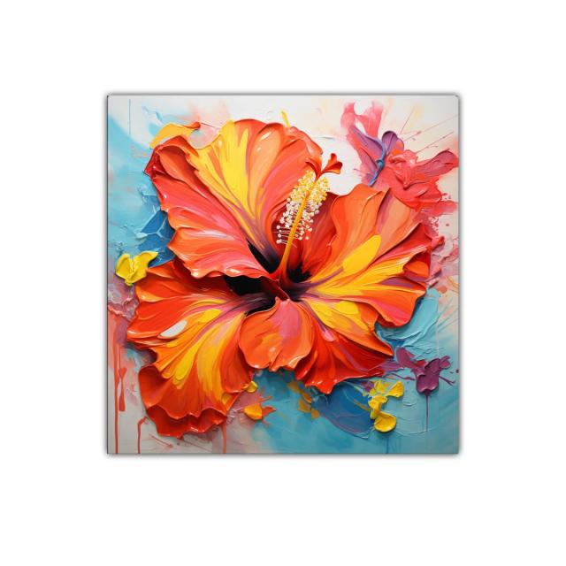 Cuadro flor hibisco vibrante en tonos cálidos y frescos