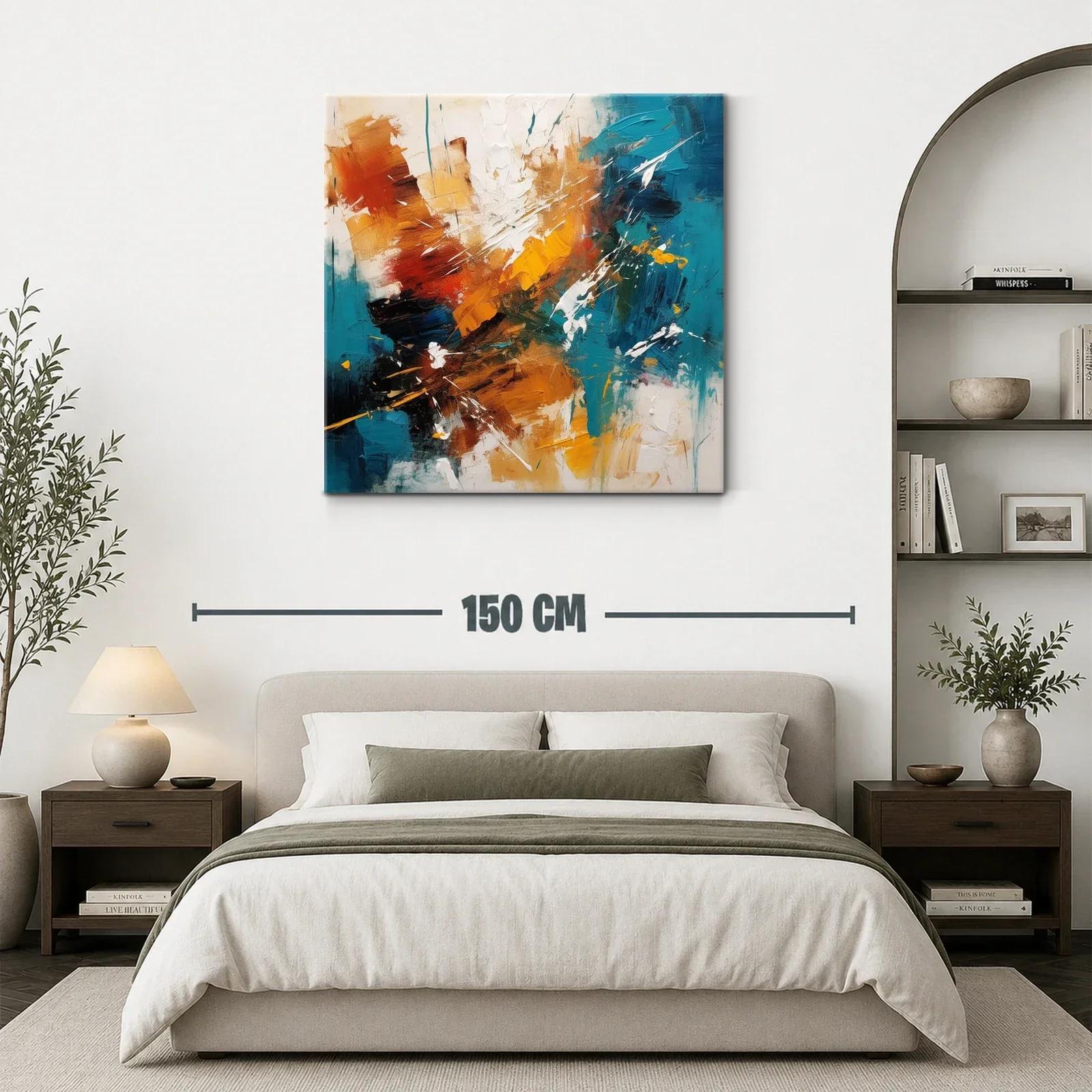 Cuadro abstracto con tonos cálidos y azul turquesa vibrante — miniatura 3