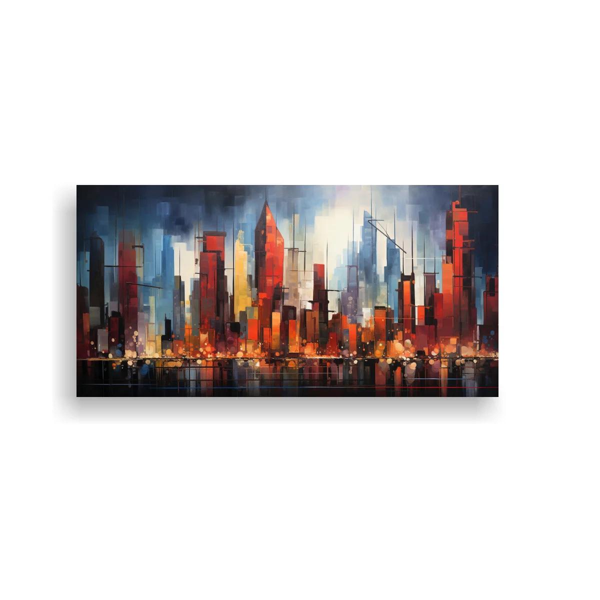 Cuadro skyline urbano nocturno con reflejos sobre el agua