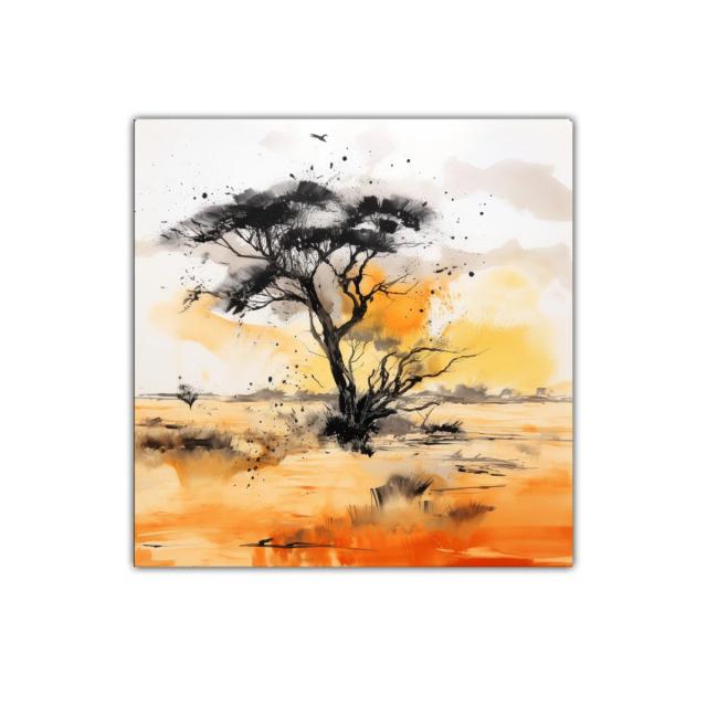 Árbol solitario al atardecer en horizonte desértico