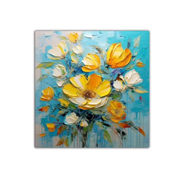 Cuadro decorativo con flores amarillas sobre fondo azul vibrante