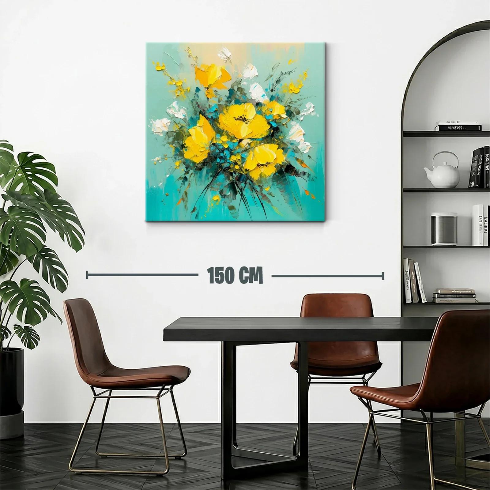 Cuadro moderno con ramo de flores amarillas y fondo turquesa — miniatura 2