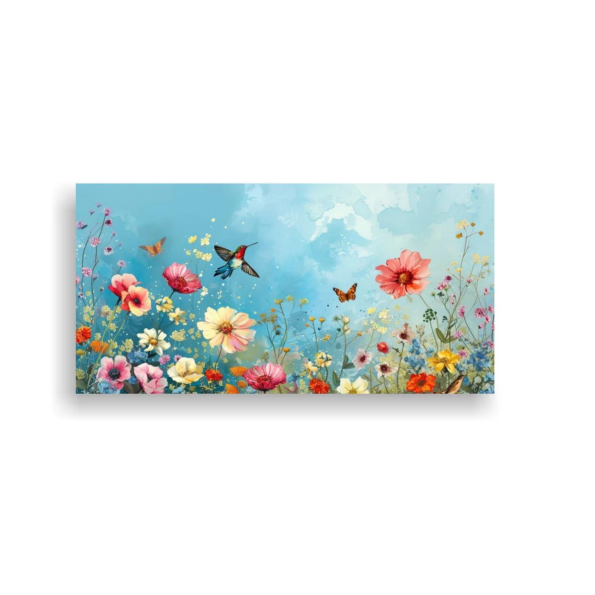 Cuadro flores silvestres con colibrí en vuelo — imagen principal