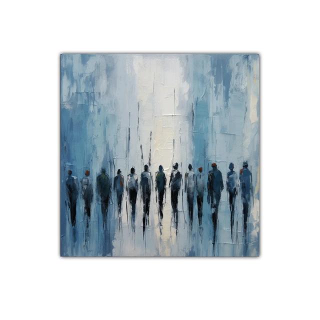 Cuadro abstracto con figuras humanas en tonos azules