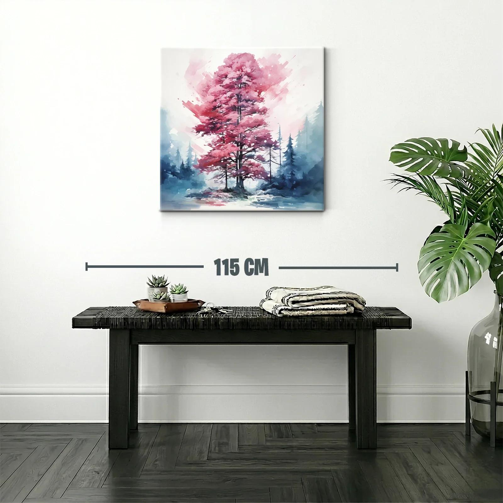 Árbol rosa en paisaje nevado con toque abstracto — miniatura 2