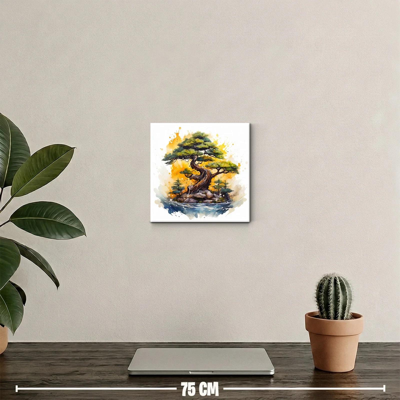 Árbol bonsái con paisaje vibrante y acuarela expresiva — miniatura 2