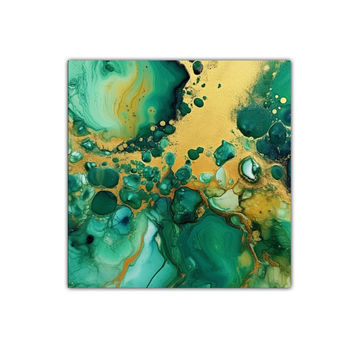 Cuadro abstracto en tonos verdes con toques dorados para decorar