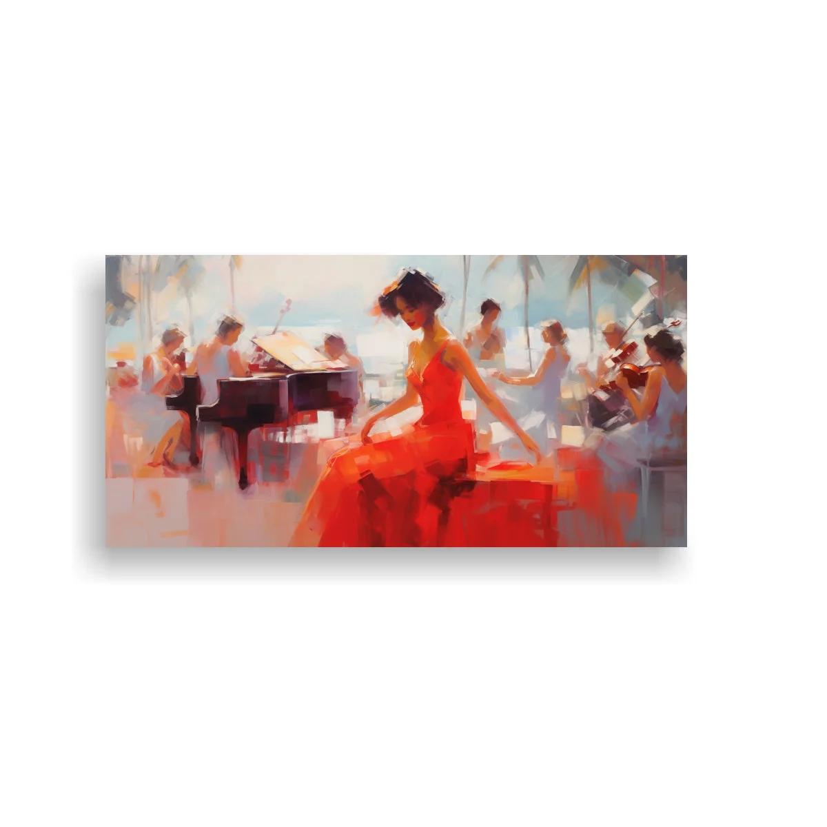 Cuadro pianista con vestido rojo y músicos alrededor