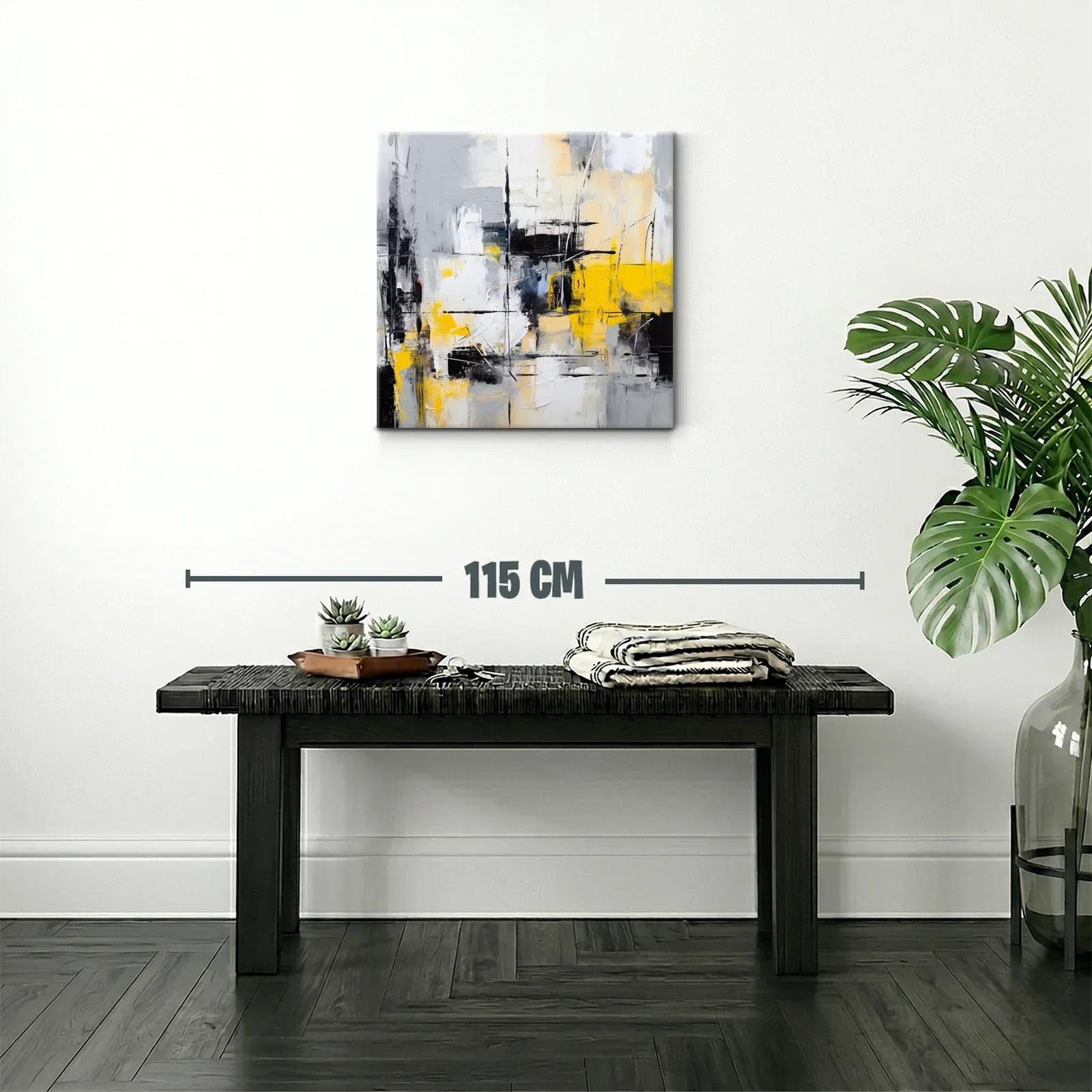 Cuadro abstracto con tonos grises, negros y amarillo vibrante — miniatura 2