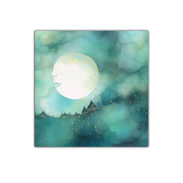 Luna soñadora sobre paisaje etéreo azul y dorado