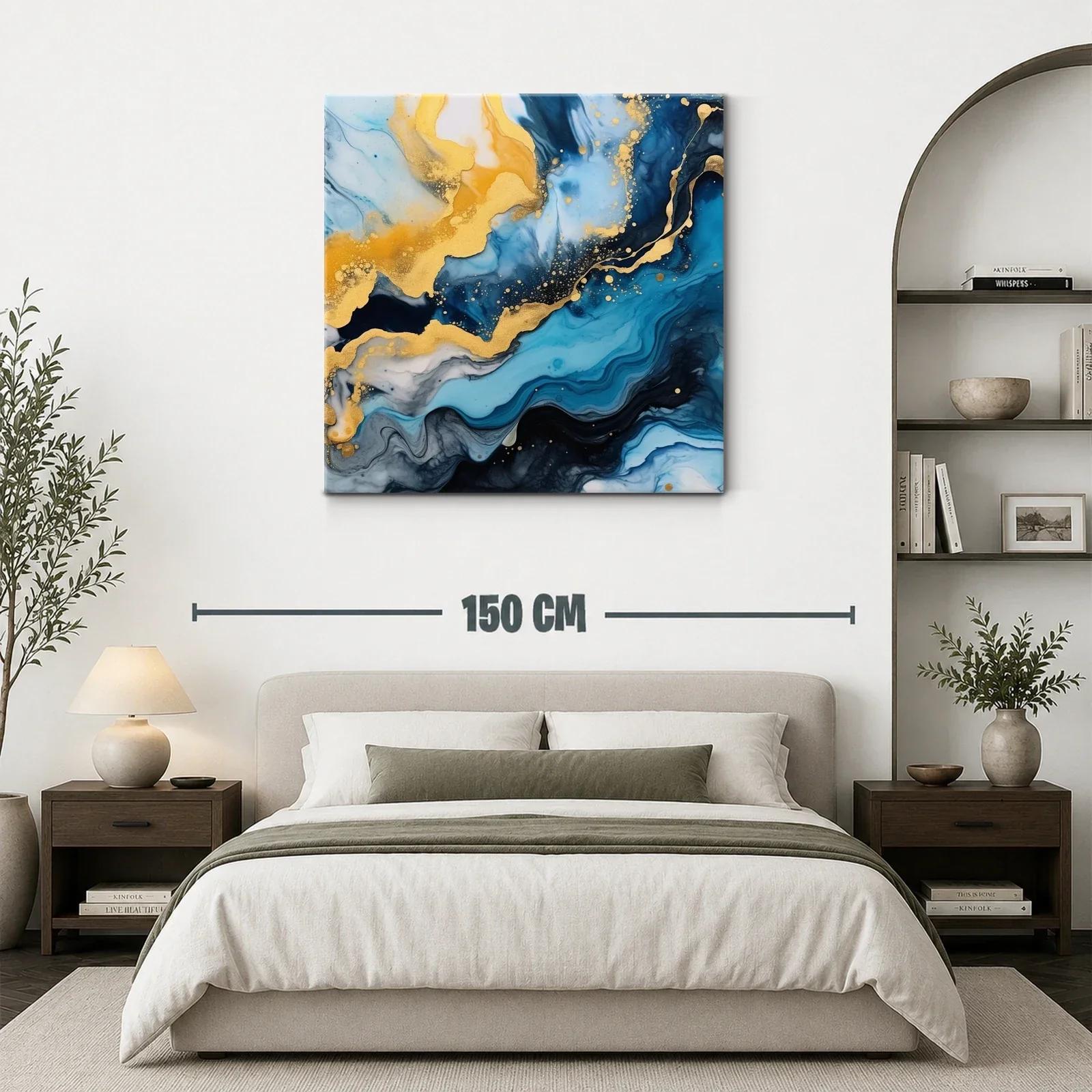 Cuadro abstracto con tonos azules y dorados vibrantes — miniatura 3