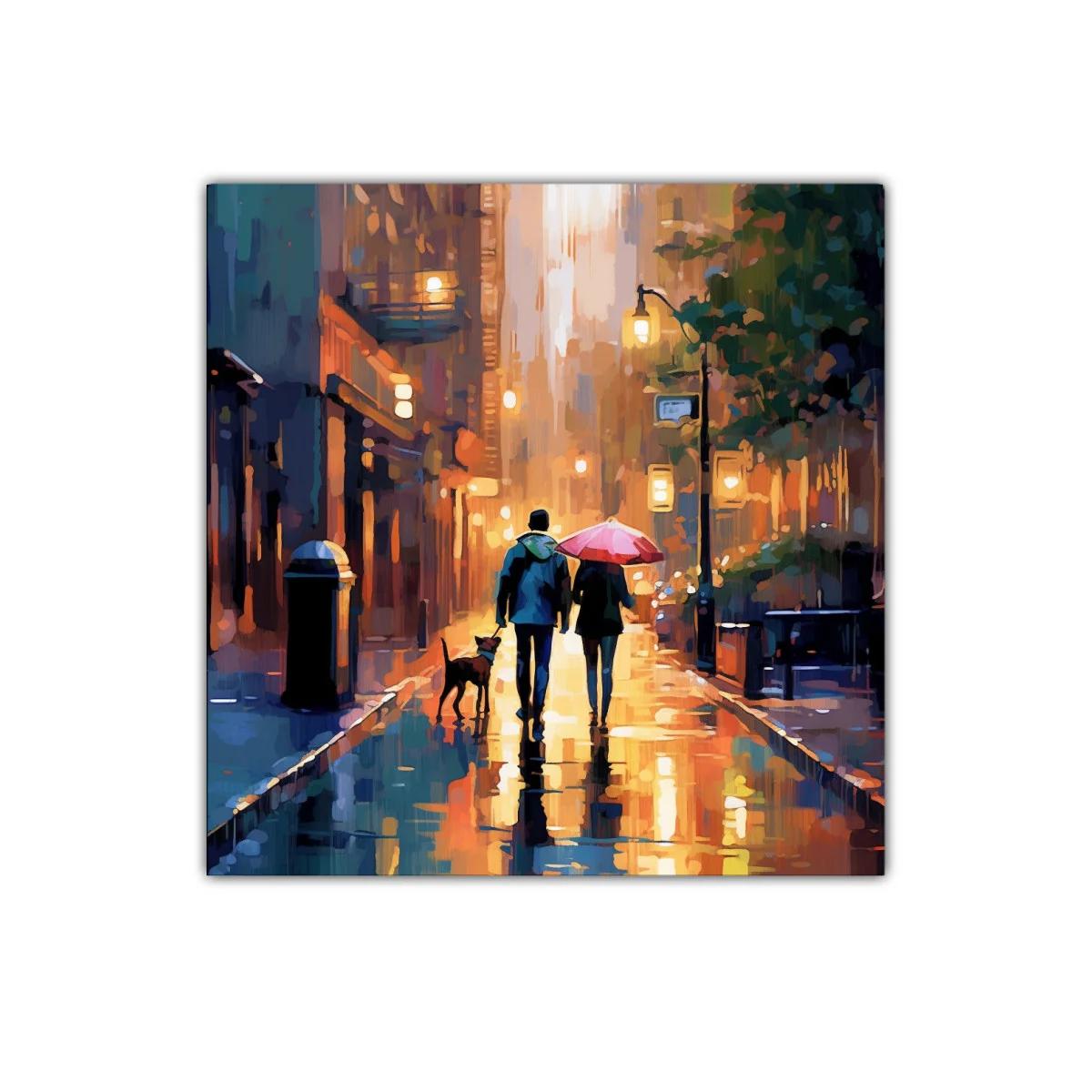 Paseo urbano al atardecer con perro y paraguas rojo — imagen principal