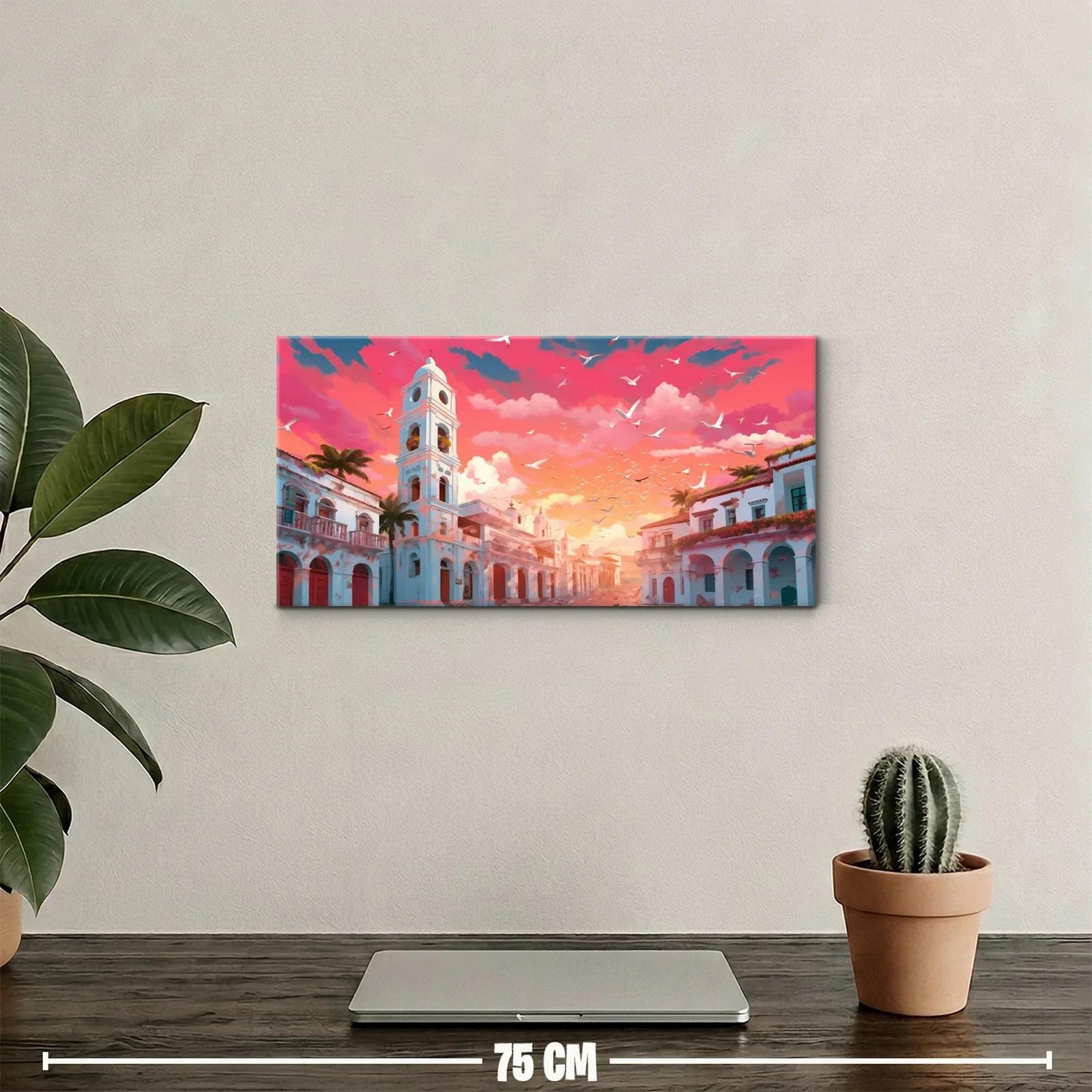 Cuadro calle colonial con campanario y atardecer rosado — miniatura 2