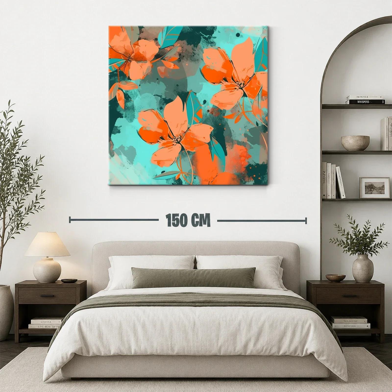 Cuadro moderno con flores vibrantes en tonos naranjas y turquesas — miniatura 3