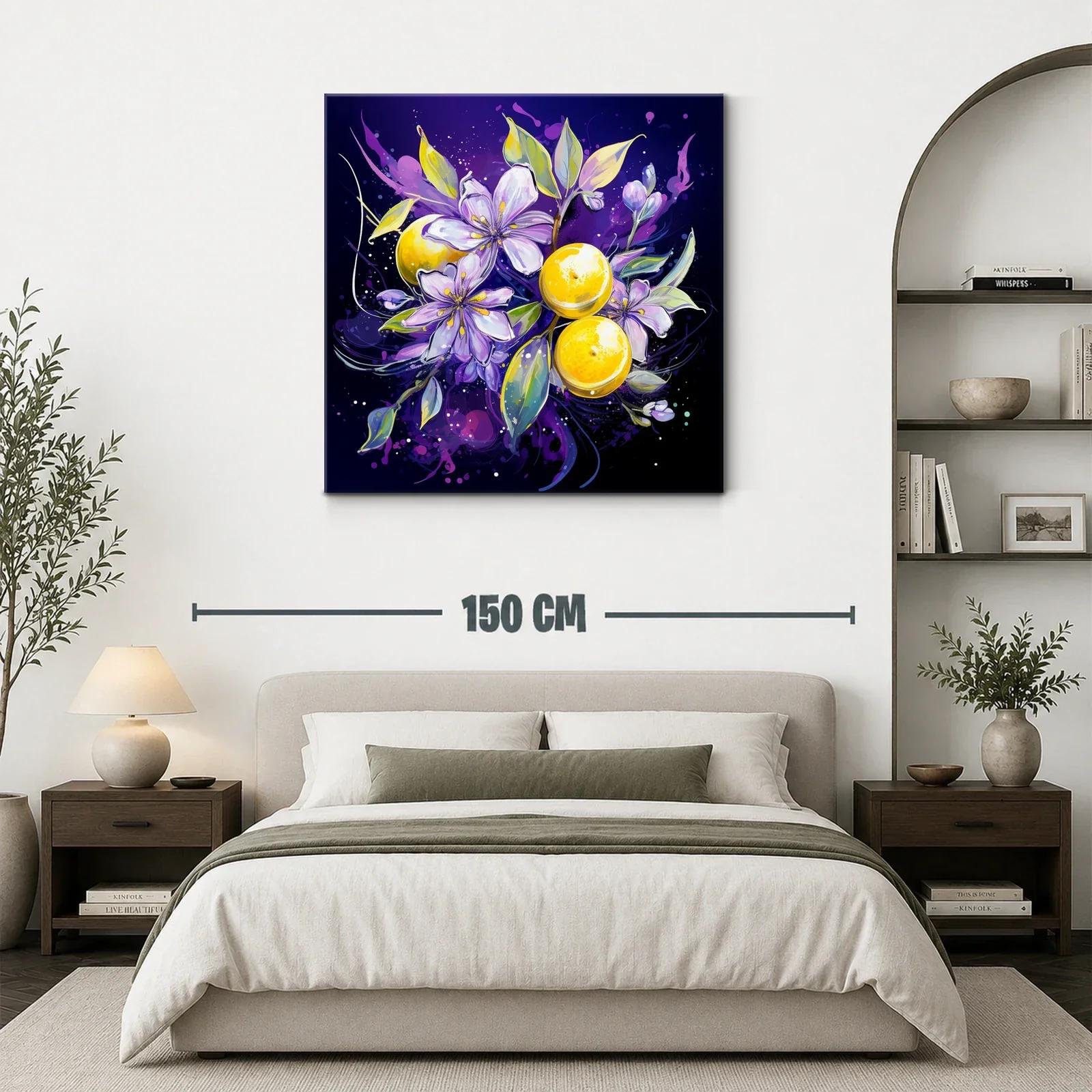 Composición vibrante con flores lilas y frutas amarillas — miniatura 3
