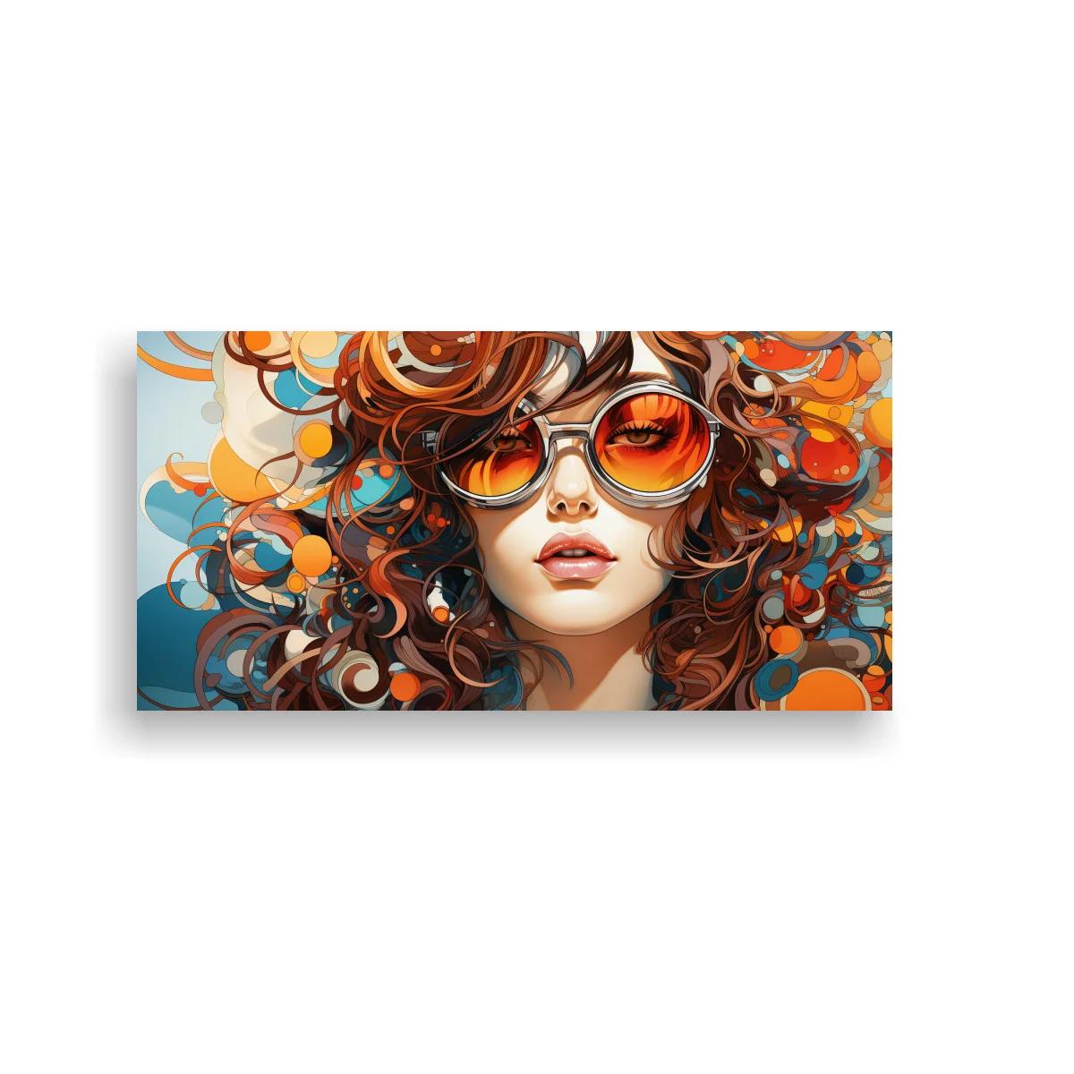 Cuadro retrato de mujer con gafas de sol naranjas y rizos circulares