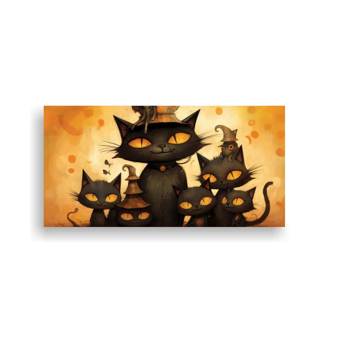 Cuadro grupo de gatos negros con murciélagos y pagoda