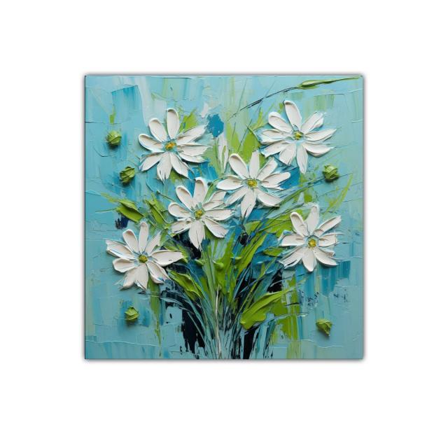 Cuadro floral con margaritas en tonos azul y verde